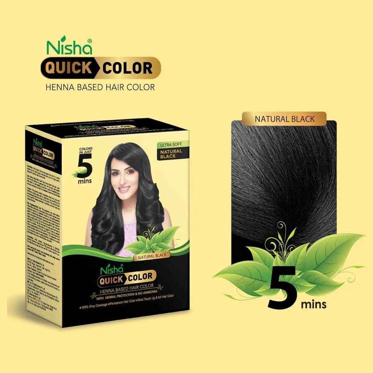 Nisha Black Hair Color Dye – Henna-Based, Ammonia-Free Natural Black Hair Dye for Men & Women | 5-Minute Quick Color, 100% Grey Coverage, 6 Sachets of 10g Each