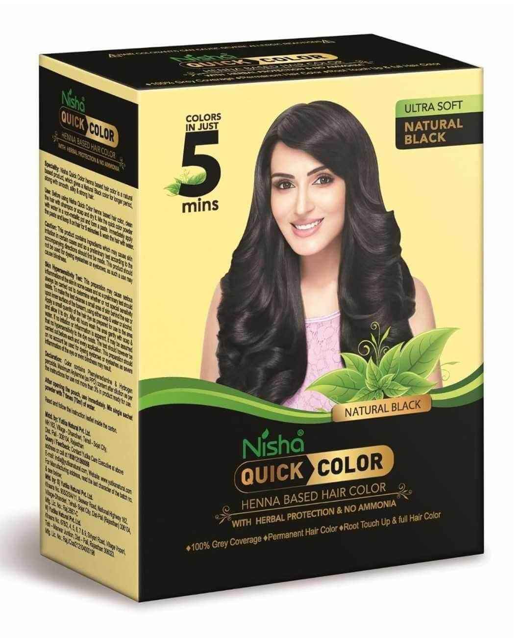 Nisha Black Hair Color Dye – Henna-Based, Ammonia-Free Natural Black Hair Dye for Men & Women | 5-Minute Quick Color, 100% Grey Coverage, 6 Sachets of 10g Each