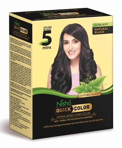 Nisha Black Hair Color Dye – Henna-Based, Ammonia-Free Natural Black Hair Dye for Men & Women | 5-Minute Quick Color, 100% Grey Coverage, 6 Sachets of 10g Each