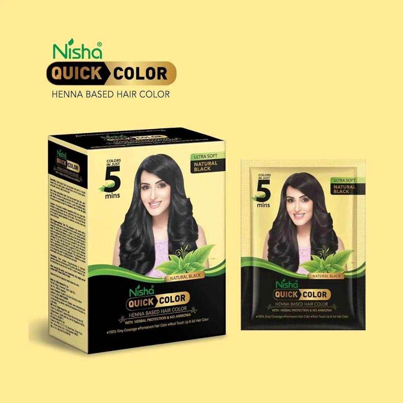 Nisha Black Hair Color Dye – Henna-Based, Ammonia-Free Natural Black Hair Dye for Men & Women | 5-Minute Quick Color, 100% Grey Coverage, 6 Sachets of 10g Each