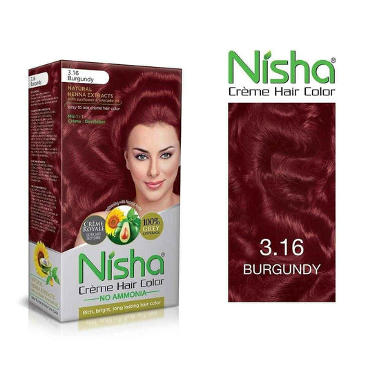 Nisha Creme Hair Color – No Ammonia Permanent Hair Colour for Women & Men | 100% Grey Coverage, Ultra Soft Deep Shine | 3.16 Burgundy Shade, 120gm Pack of 1