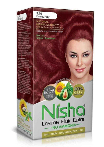 Nisha Creme Hair Color – No Ammonia Permanent Hair Colour for Women & Men | 100% Grey Coverage, Ultra Soft Deep Shine | 3.16 Burgundy Shade, 120gm Pack of 1