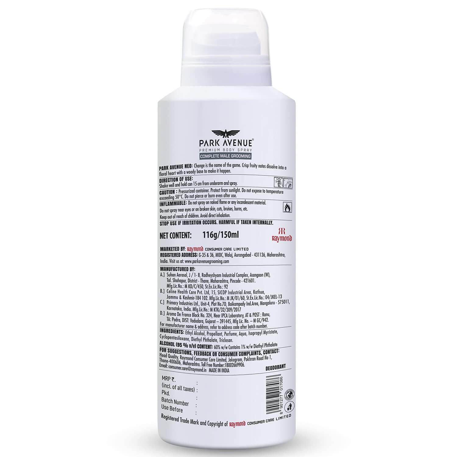 Park Avenue Neo Signature Collection Men's Deodorant - 150ml, Fresh and Long-Lasting