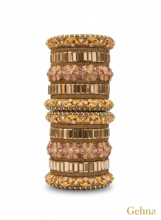 Peach & Gold Bridal Floral Bangles – Premium Ethnic Jewellery Set showcasing intricate floral designs and golden accents.
