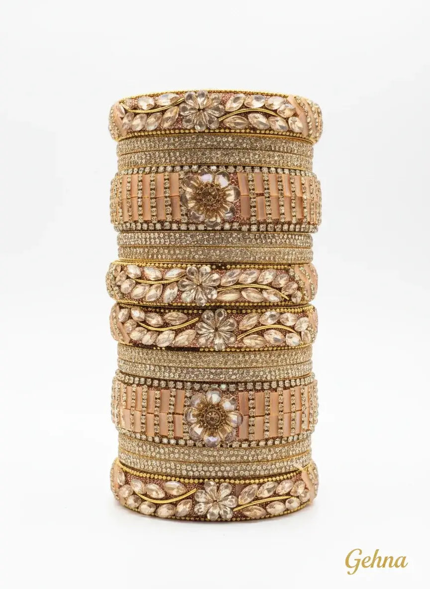peach golden floral stone bangles set – designer bridal & festive jewelry with floral motifs and crystal embellishments.