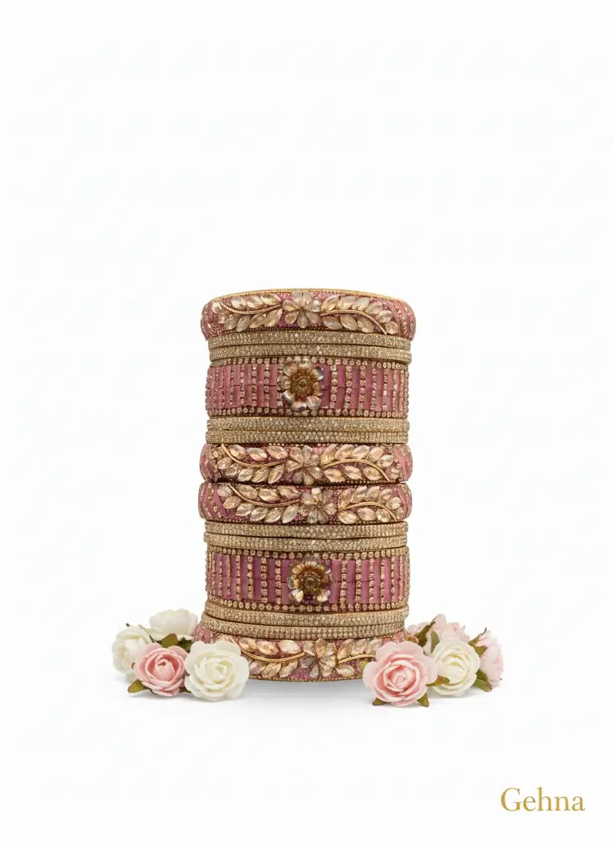 Pink Bridal Kundan Floral Bangles Set – Gehna featuring intricate kundan stones and floral patterns.