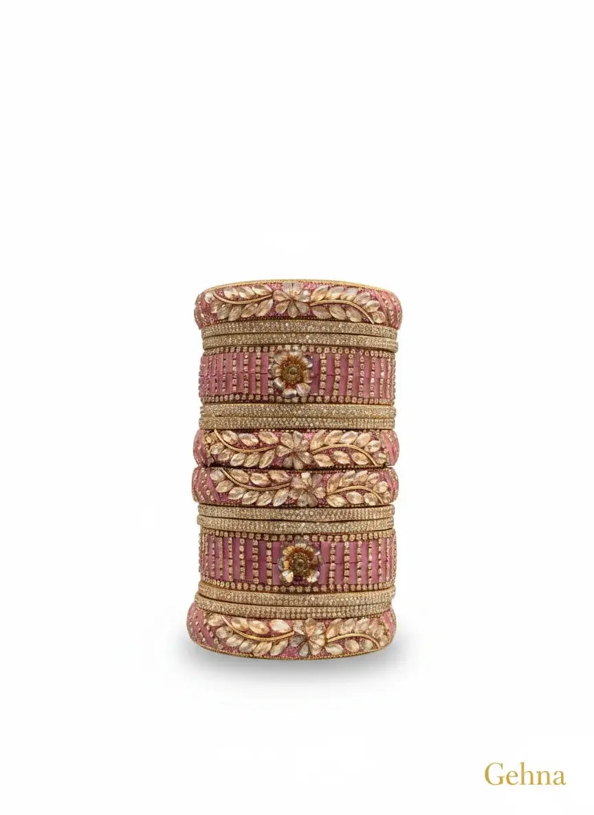 Pink Bridal Kundan Floral Bangles Set – Gehna featuring intricate designs and soft pink color.