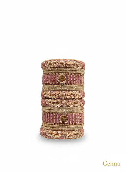 Pink Bridal Kundan Floral Bangles Set – Gehna featuring intricate designs and soft pink color.