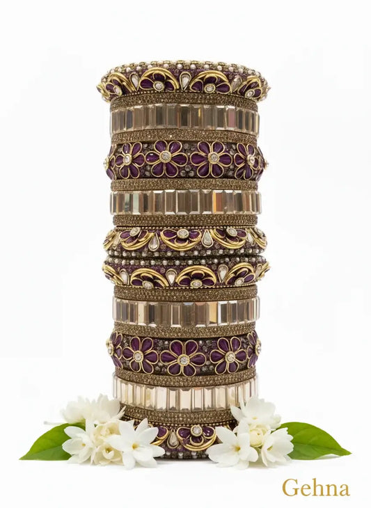 Purple & Gold Bridal Floral Bangles Set – Traditional Ethnic Jewellery by Gehna displayed with floral accents.