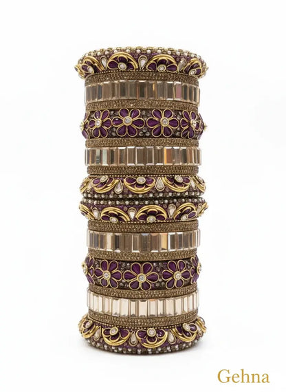Purple & Gold Bridal Floral Bangles Set – Traditional Ethnic Jewellery by Gehna showcasing handcrafted design and intricate stonework.