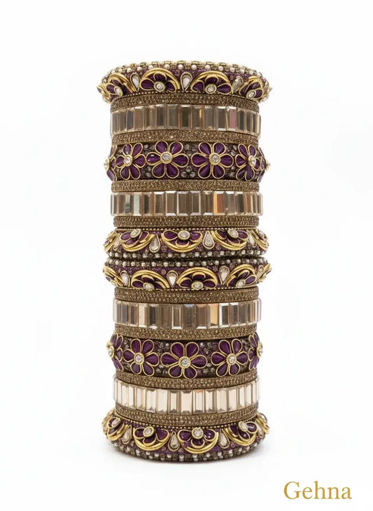 Purple & Gold Bridal Floral Bangles Set – Traditional Ethnic Jewellery by Gehna showcasing handcrafted design and intricate stonework.