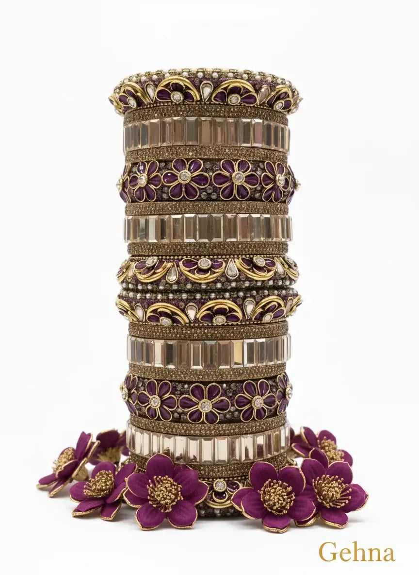 purple & gold bridal floral bangles set – traditional ethnic jewellery by gehna featuring floral design and gold detailing.