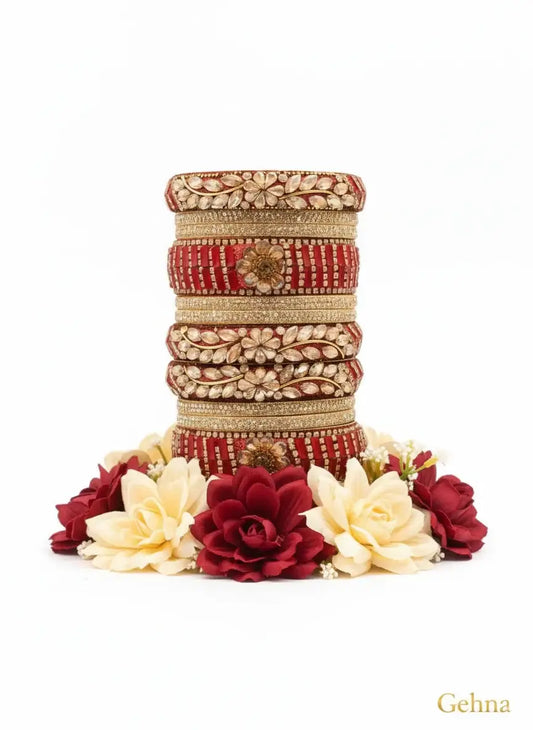 Red Bridal Kundan Floral Bangles Set – Gehna showcased with floral embellishments, perfect for weddings and festive occasions.