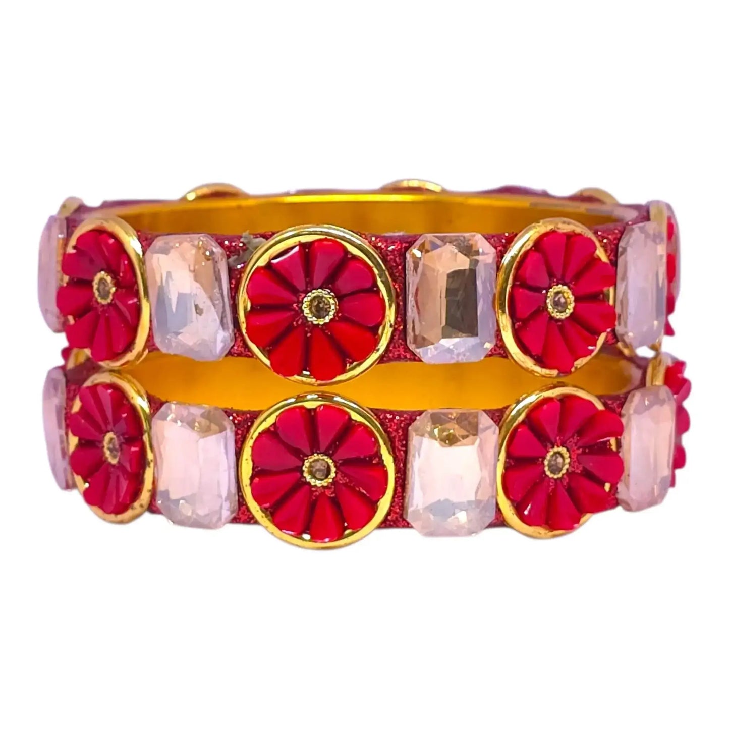 red floral stone bangle set – traditional golden wedding bangles