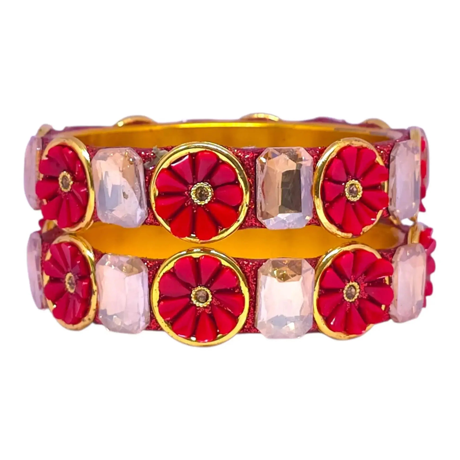 Red Floral Stone Bangle Set – Traditional Golden Wedding Bangles