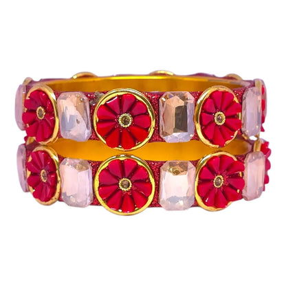 Red Floral Stone Bangle Set – Traditional Golden Wedding Bangles