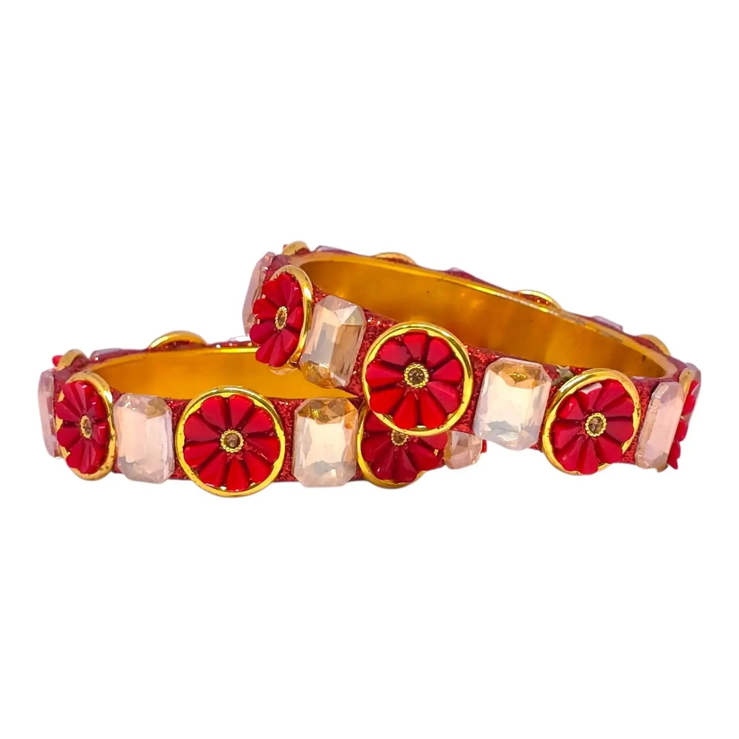 red floral stone bangle set – traditional golden wedding bangles