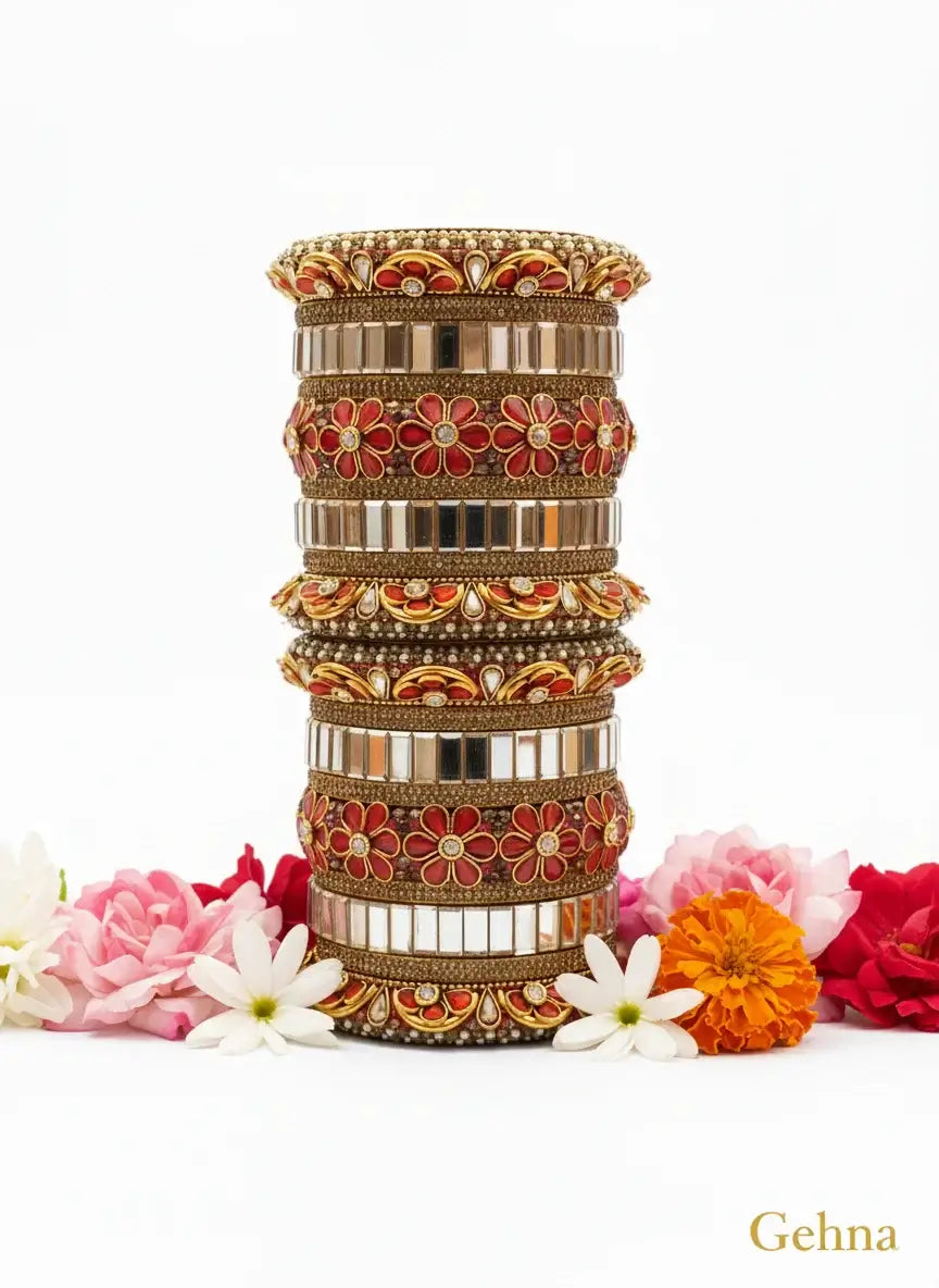 Red & Gold Bridal Floral Bangles – Premium Ethnic Jewellery Set displayed with floral accents.