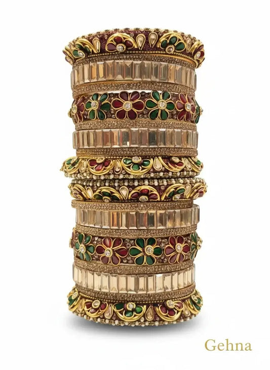 Red & Green Multicolor Bridal Floral Bangles – Premium Ethnic Jewellery with intricate stonework.