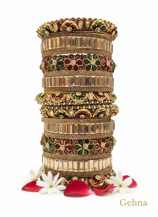 Red & Green Multicolor Bridal Floral Bangles – Premium Ethnic Jewellery, handcrafted with vibrant motifs and golden accents.