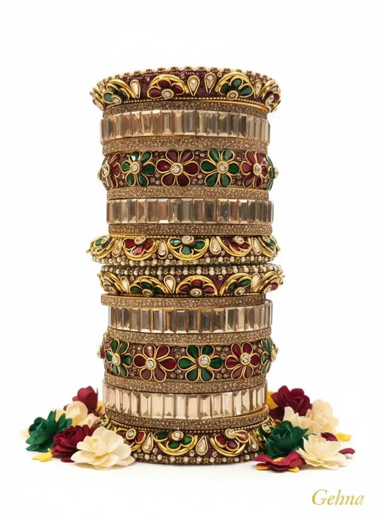 Red & Green Multicolor Bridal Floral Bangles – Premium Ethnic Jewellery displayed with floral accents on a white background.