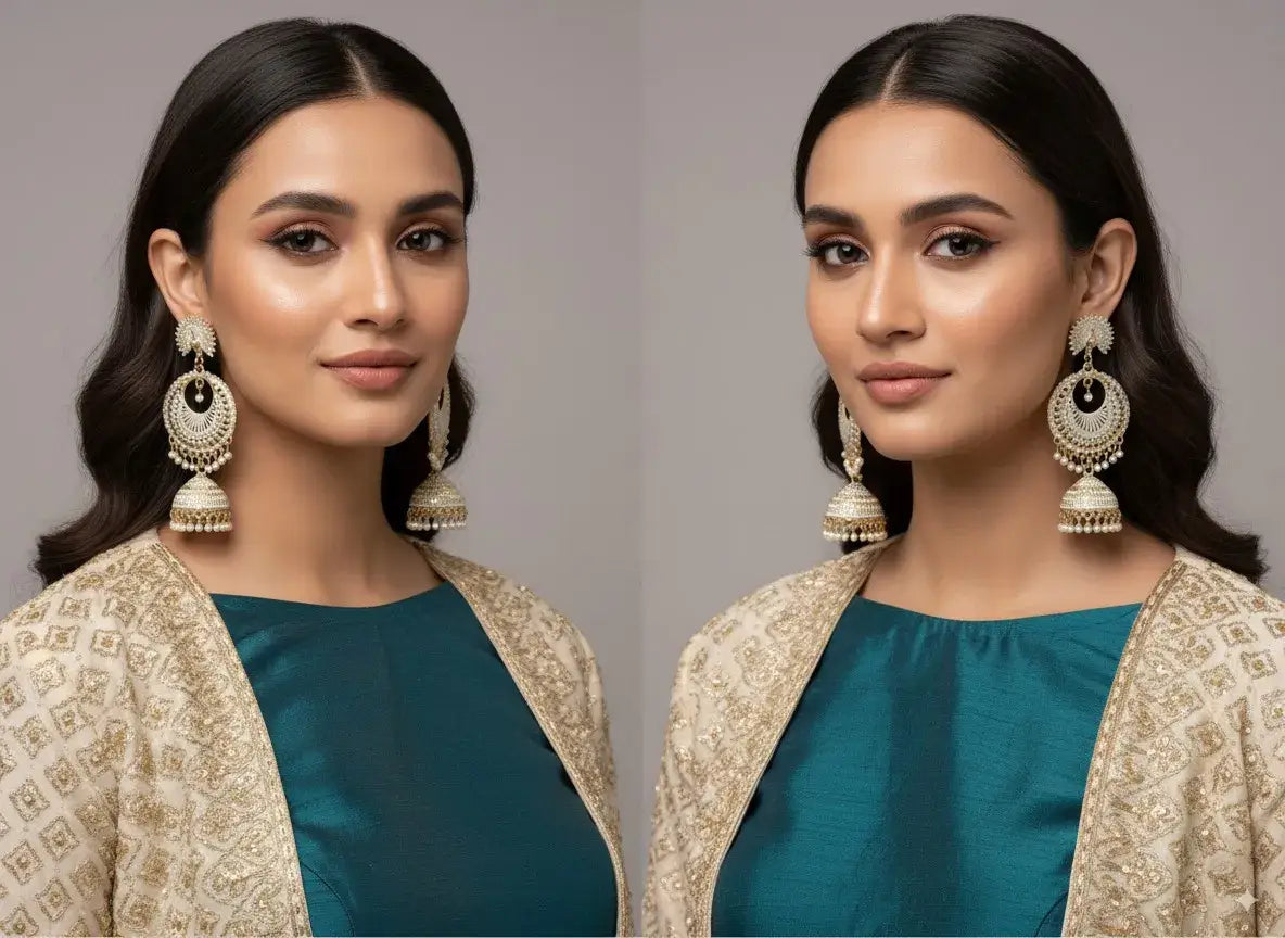 Royal Gold Plated Pearl Jhumka Earrings for Women worn by a model, showcasing elegant design and traditional style.
