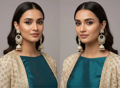 Royal Gold Plated Pearl Jhumka Earrings for Women worn by a model, showcasing elegant design and traditional style.