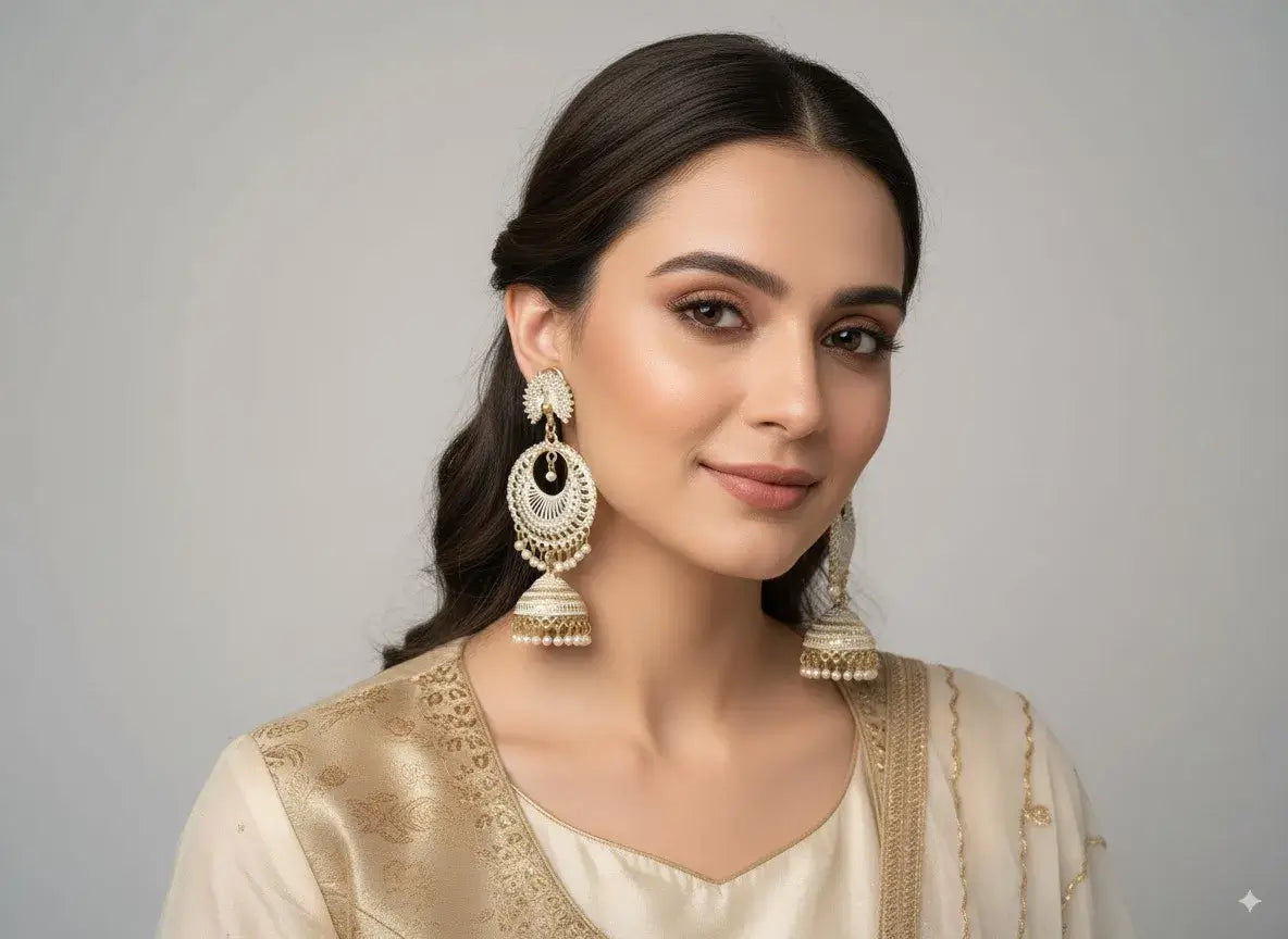 royal gold plated pearl jhumka earrings for women worn by a model in traditional attire.