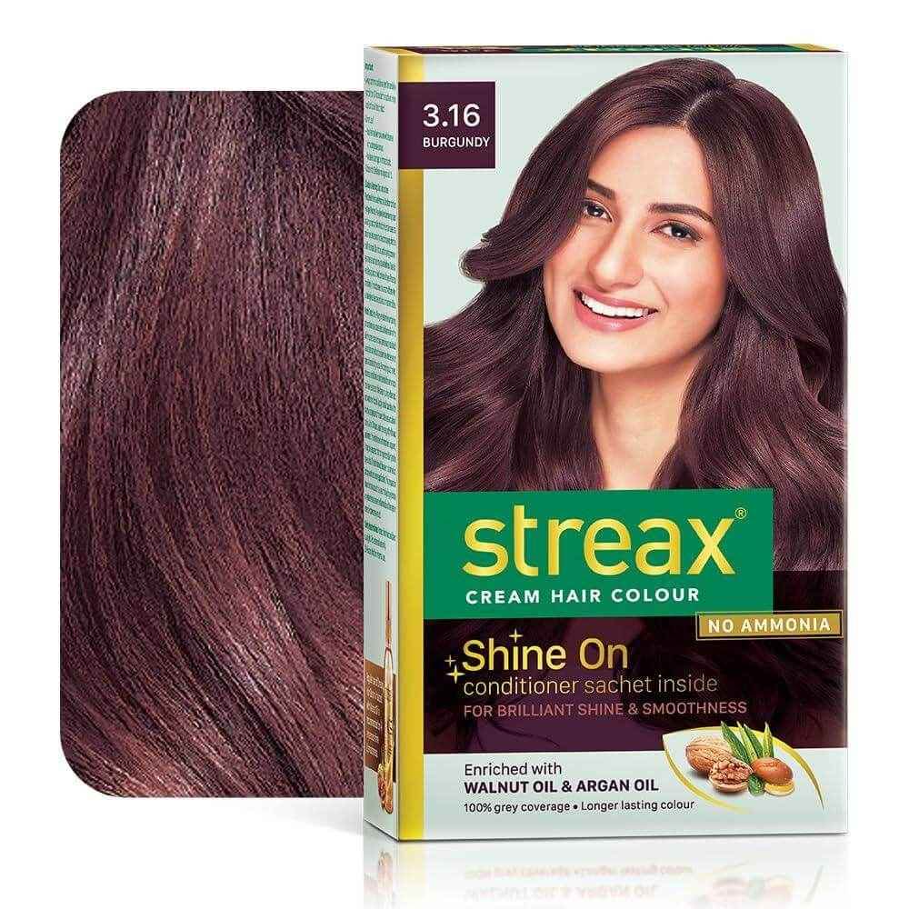 streax permanent hair colour – 100% grey coverage, infused with argan & walnut oil | long-lasting burgundy hair colour (3.16), 25g