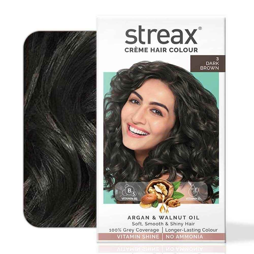streax permanent hair colour – 100% grey coverage, infused with argan & walnut oil | long-lasting dark brown (3) hair colour, 25g pack of 1