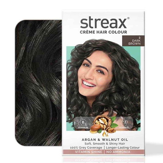Streax Permanent Hair Colour – 100% Grey Coverage, Infused with Argan & Walnut Oil | Long-Lasting Dark Brown (3) Hair Colour, 25g Pack of 1