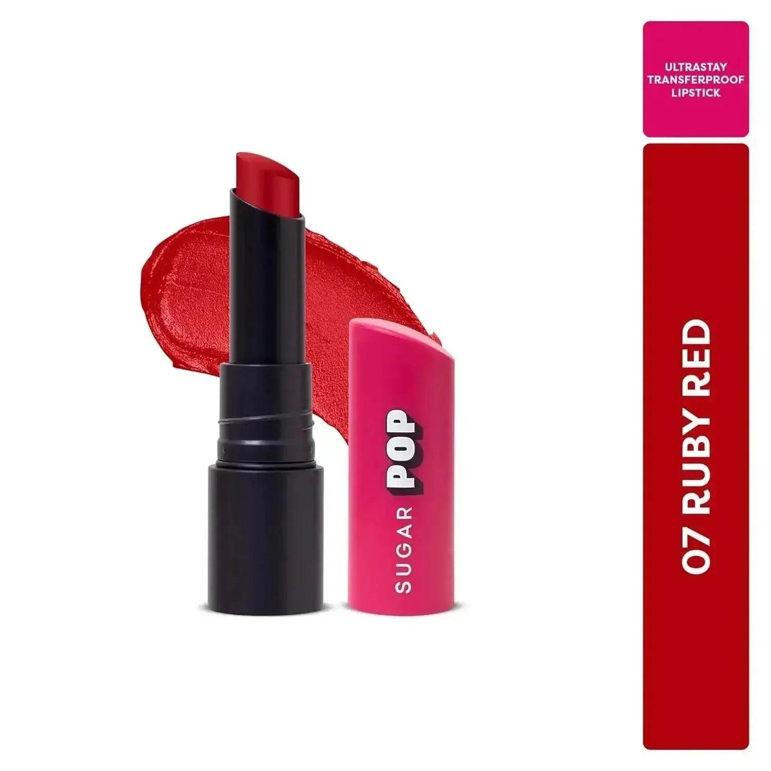 SUGAR POP Ultrastay Transferpoof Lipstick - 07 Ruby Red, 4gm | Vitamin E, Smooth Glide, Waterproof, Longlasting