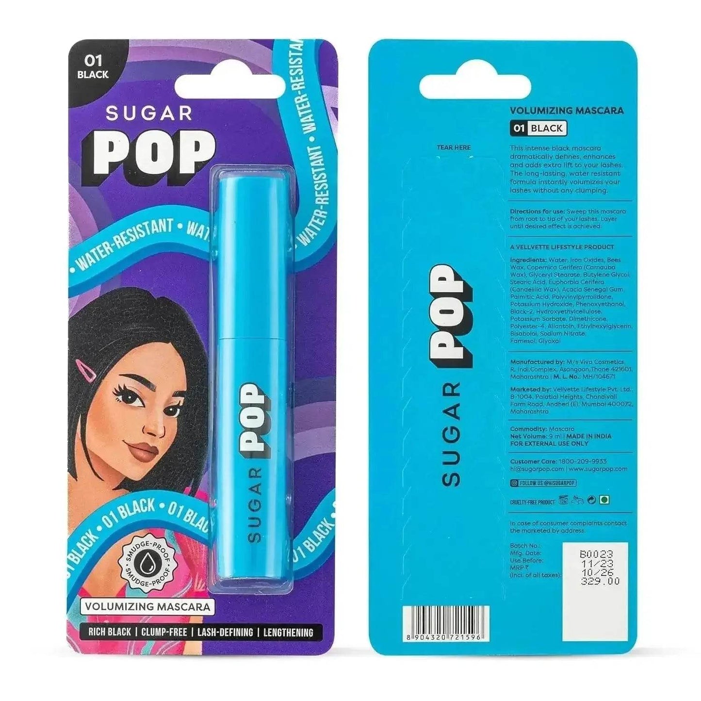 sugar pop volumizing mascara black - 9 ml | clump-free, volumizes, lengthens, smudge-proof, quick drying, intense black formula
