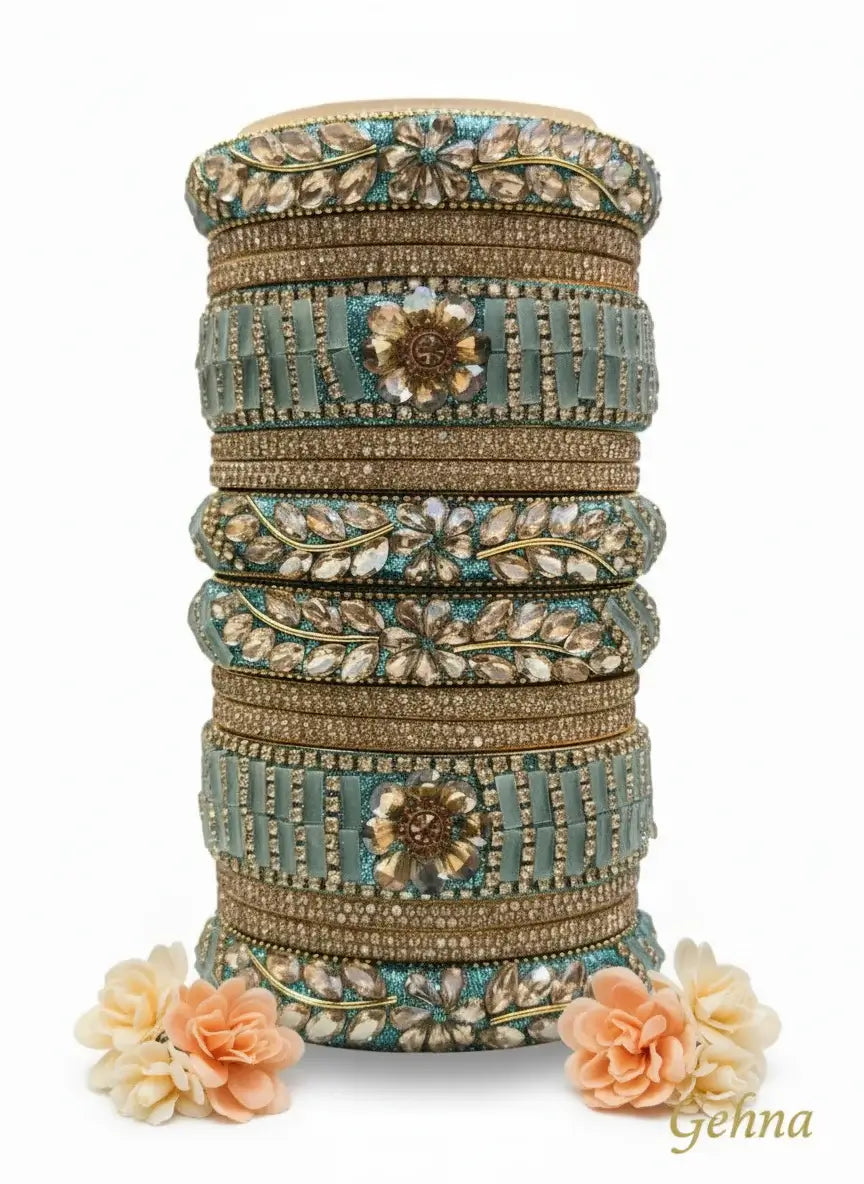 Teal Blue Floral Stone Bangles Set – Bridal & Ethnic Party Wear Jewelry handcrafted with floral motifs and crystals.