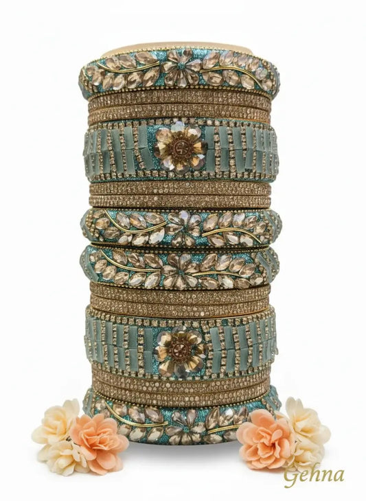 Teal Blue Floral Stone Bangles Set – Bridal & Ethnic Party Wear Jewelry handcrafted with floral motifs and crystals.