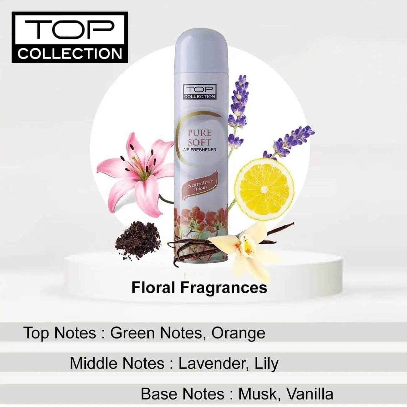 top collection air freshener - pure soft 300ml | exotic caramel, vanilla & citrus fragrance | instant odour neutralizer & air freshener for home & office | made in u.a.e