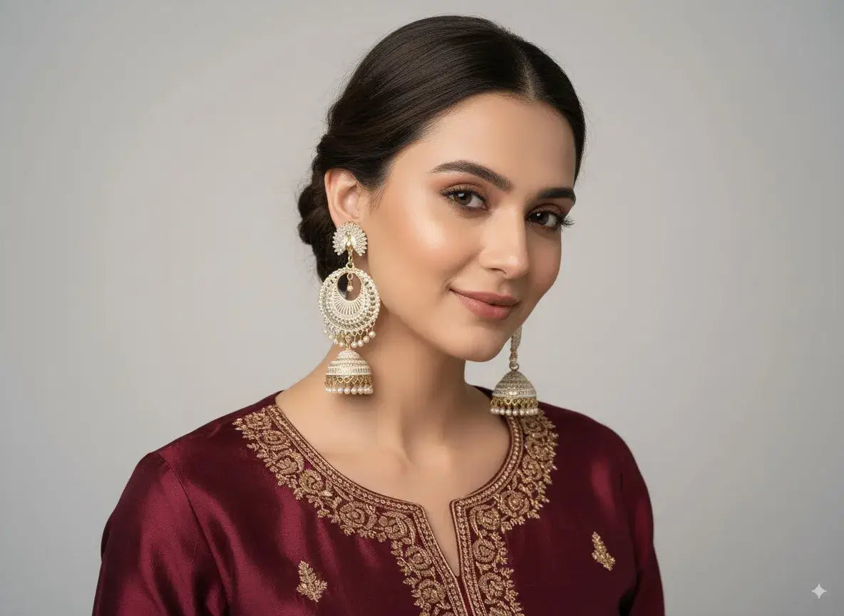 royal gold plated pearl jhumka earrings for women worn by a model with a traditional outfit.