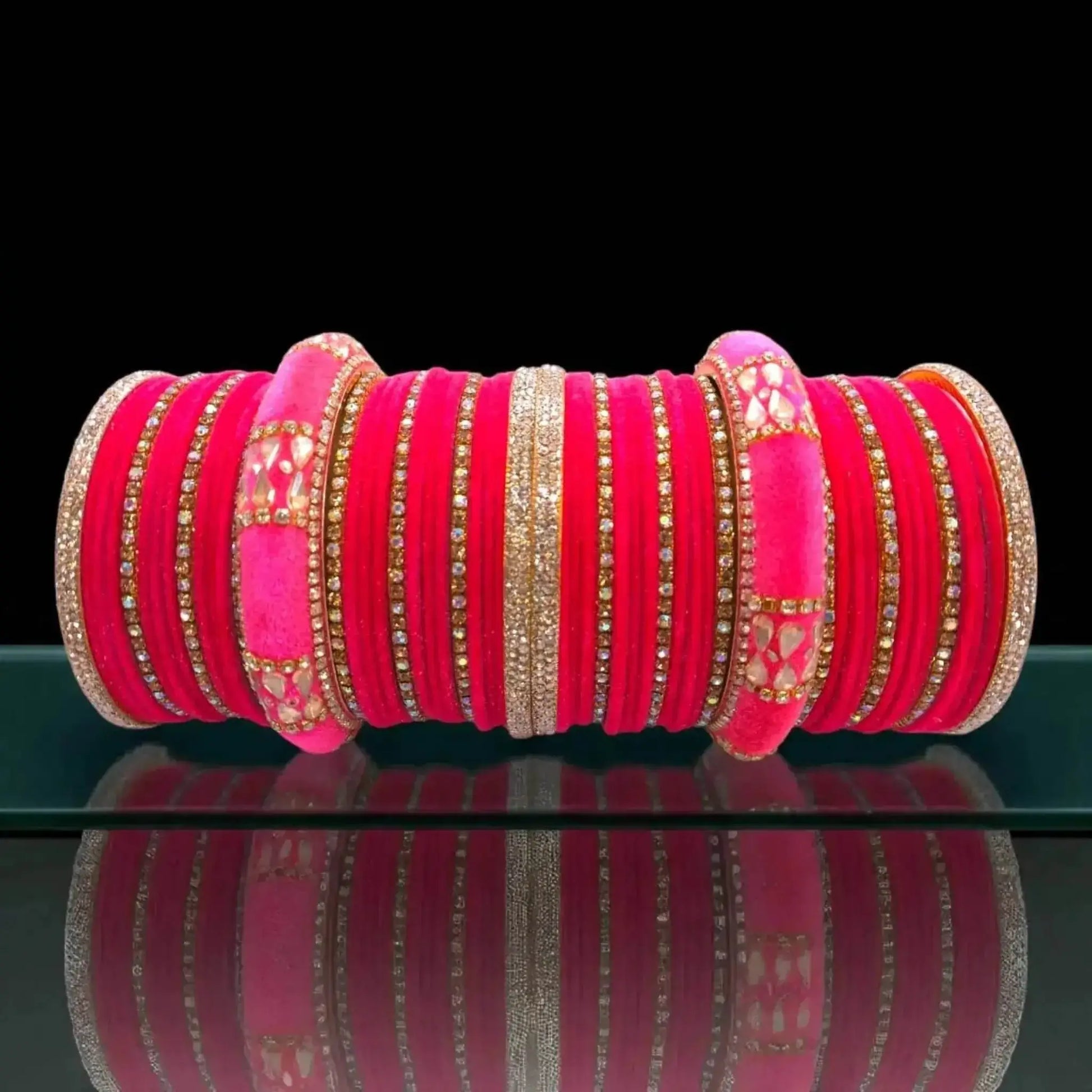 Traditional Pink Velvet Bridal Bangle Set with Stone Work – Indian Wedding Jewelry