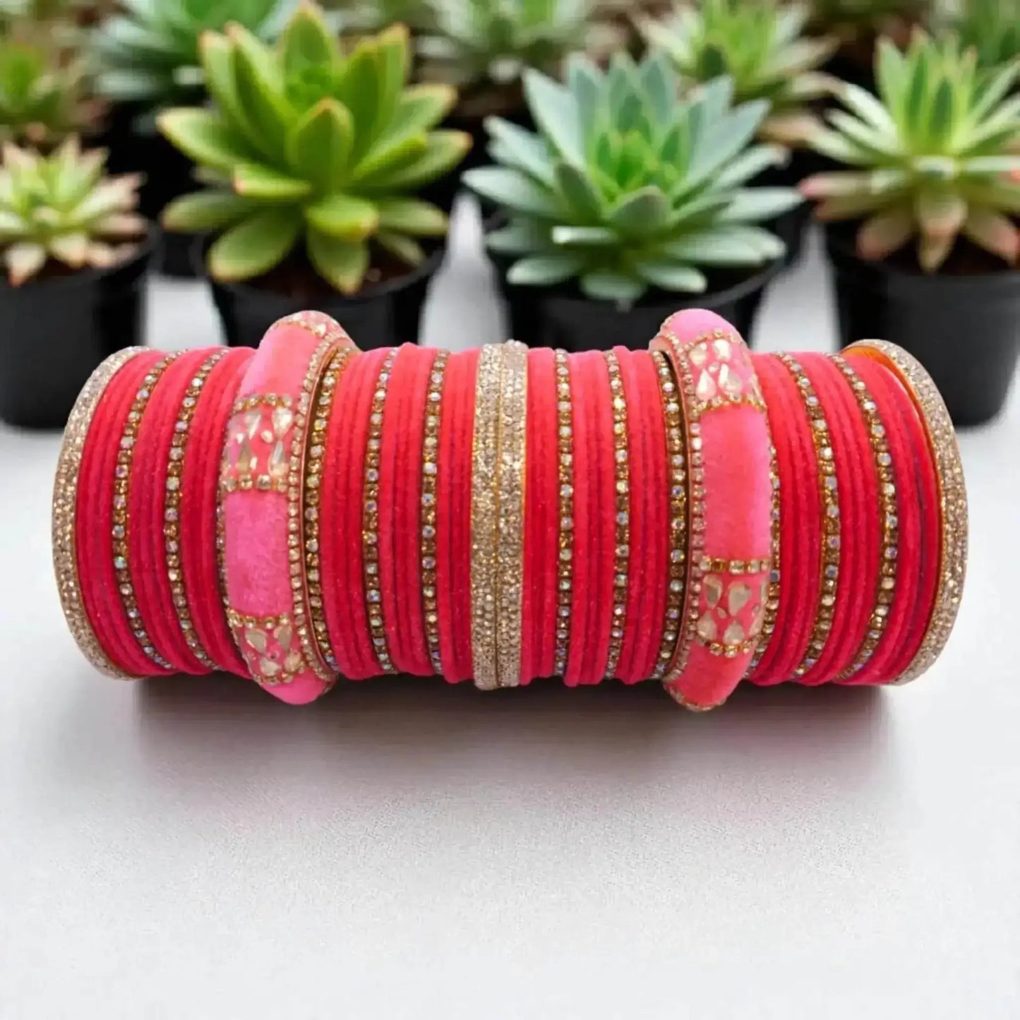 traditional pink velvet bridal bangle set with stone work – indian wedding jewelry