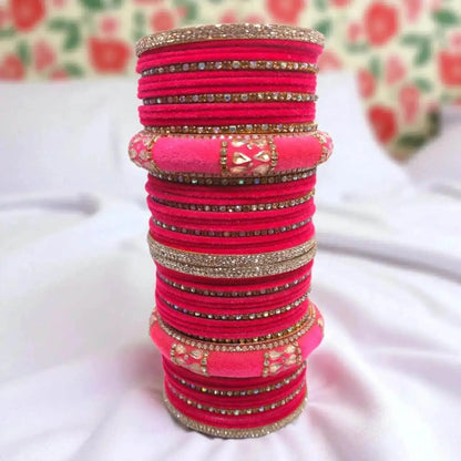 Traditional Pink Velvet Bridal Bangle Set with Stone Work – Indian Wedding Jewelry
