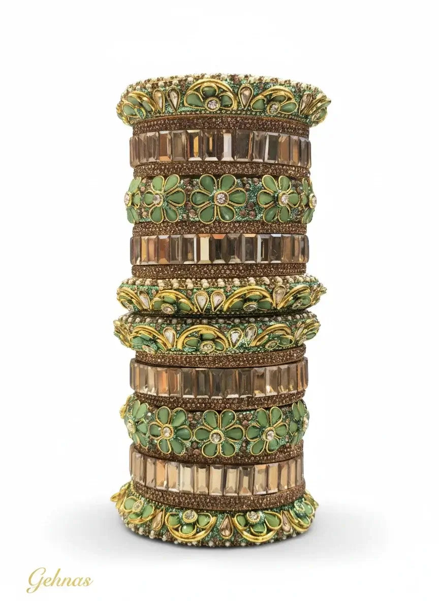 green floral designer stone bangles set – traditional bridal & party wear displayed with floral motifs and crystal stones.