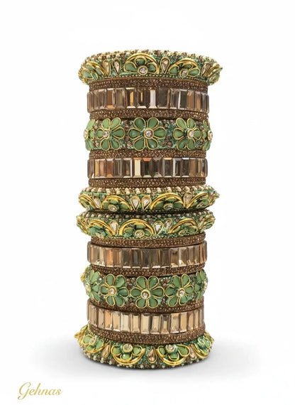 Green Floral Designer Stone Bangles Set – Traditional Bridal & Party Wear displayed with floral motifs and crystal stones.