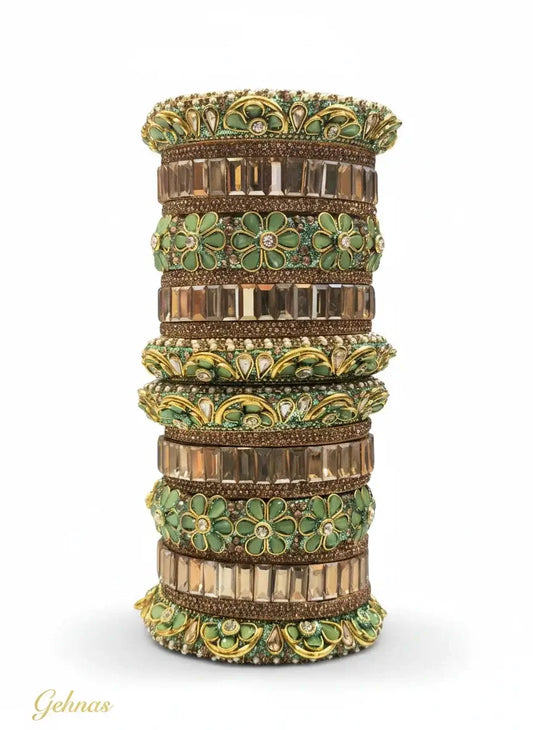 Green Floral Designer Stone Bangles Set – Traditional Bridal & Party Wear displayed with floral motifs and crystal stones.