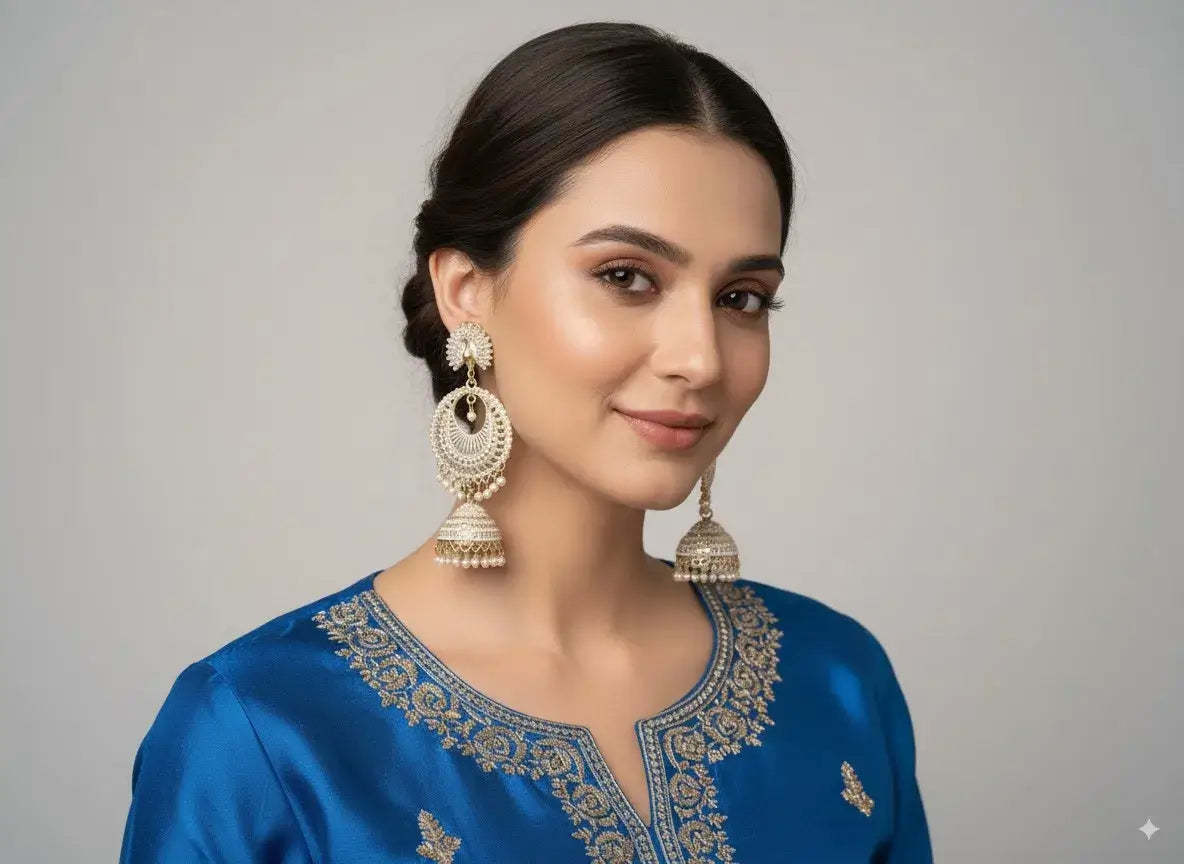 model showcasing royal gold plated pearl jhumka earrings for women with elegant attire.