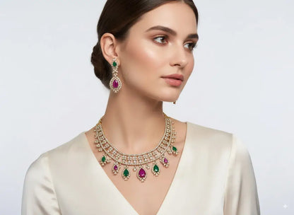 Multicolor Kundan Choker Necklace Set with Earrings worn by a model, featuring CZ stones and vibrant green & magenta details.