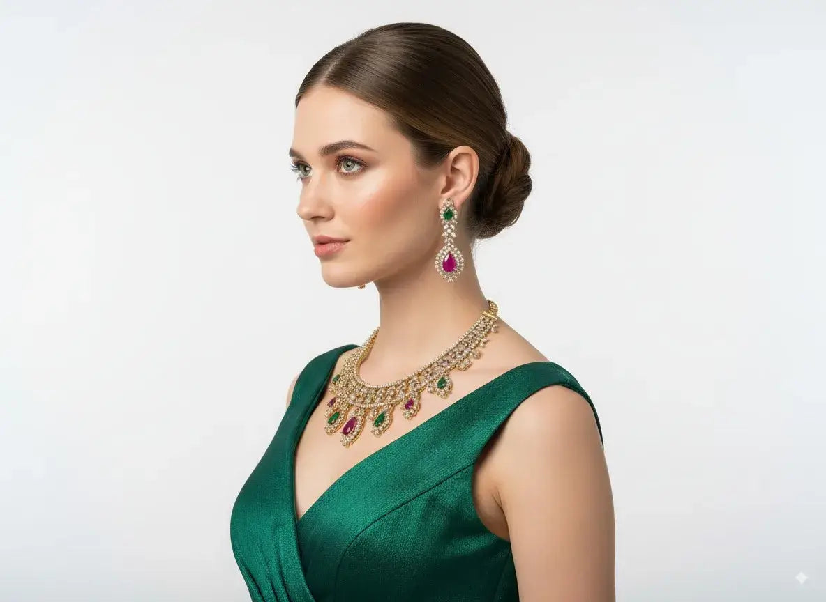 multicolor kundan choker necklace set with earrings worn by model in elegant attire, showcasing rich colors and intricate design.