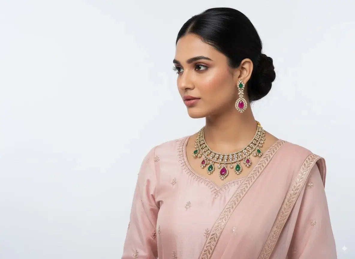 multicolor kundan choker necklace set with earrings worn by model featuring pink outfit.
