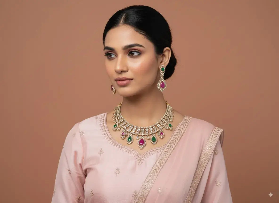 Model wearing a Multicolor Kundan Choker Necklace Set with Earrings, featuring vibrant stones and intricate design.