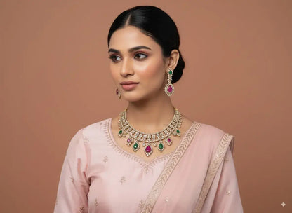 Model wearing a Multicolor Kundan Choker Necklace Set with Earrings, featuring vibrant stones and intricate design.