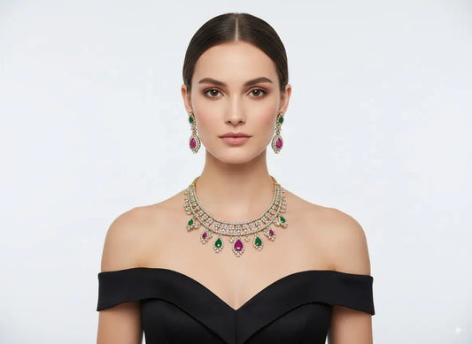 Multicolor Kundan Choker Necklace Set with Earrings worn by model, featuring CZ stones and teardrop gemstones.